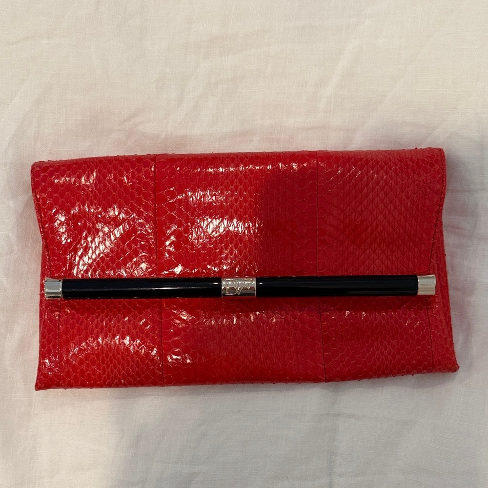Diane Von Furstenberg Red Patent Snakeskin Clutch with Black Bar Accent